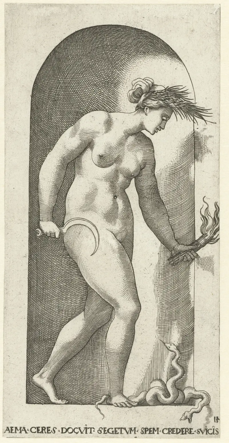 Engraving by Jacob Binck depicting Ceres with a crown of wheat, snake, and torch