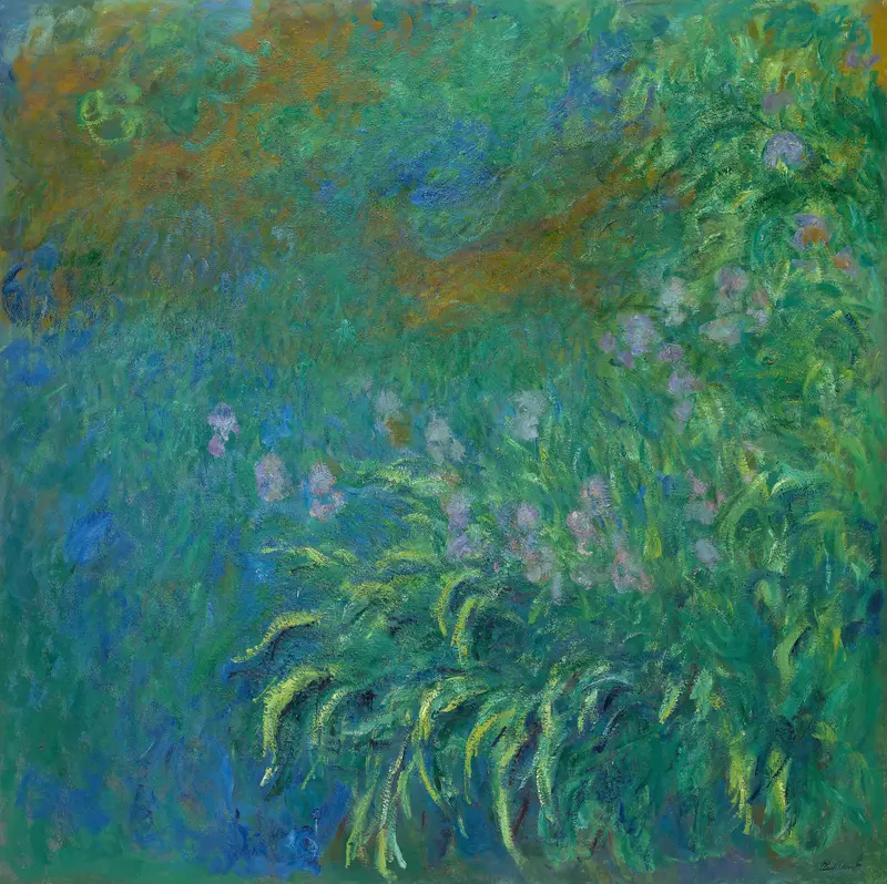 Irises by Claude Monet, oil on canvas, featuring vibrant irises blooming in a garden.