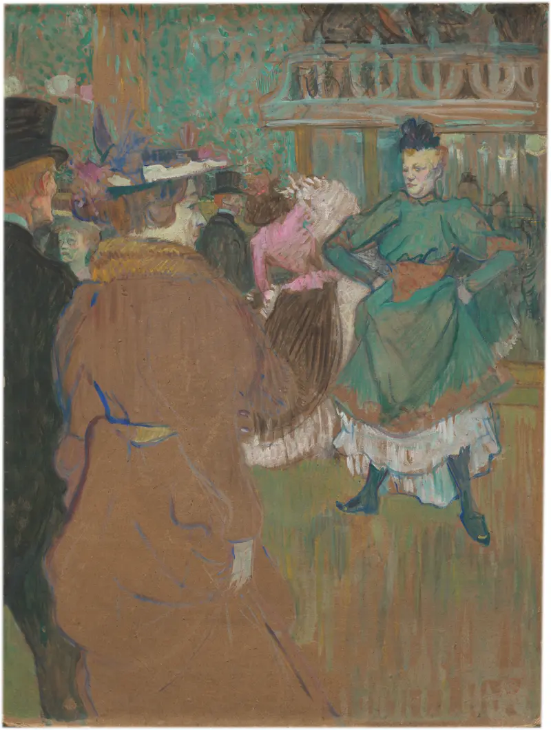 A dancer in a vivid green dress stands with hands on hips facing forward, surrounded by figures in brown, black, and pink clothing with a balcony and loosely sketched background.