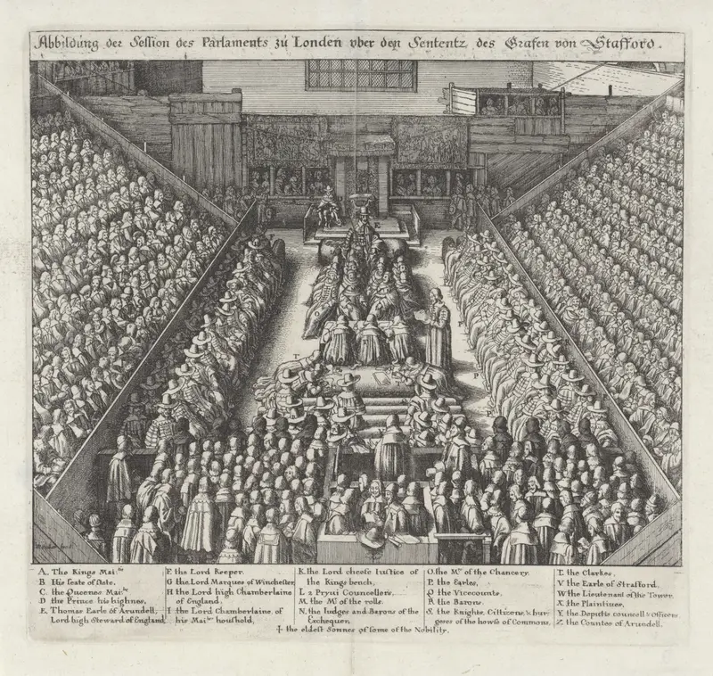 Etching by Wenceslaus Hollar depicting the British Parliament during the trial of Thomas Wentworth