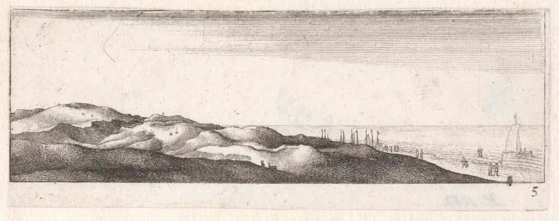 Etching by Wenceslaus Hollar depicting dunes and grasses in soft earth tones.