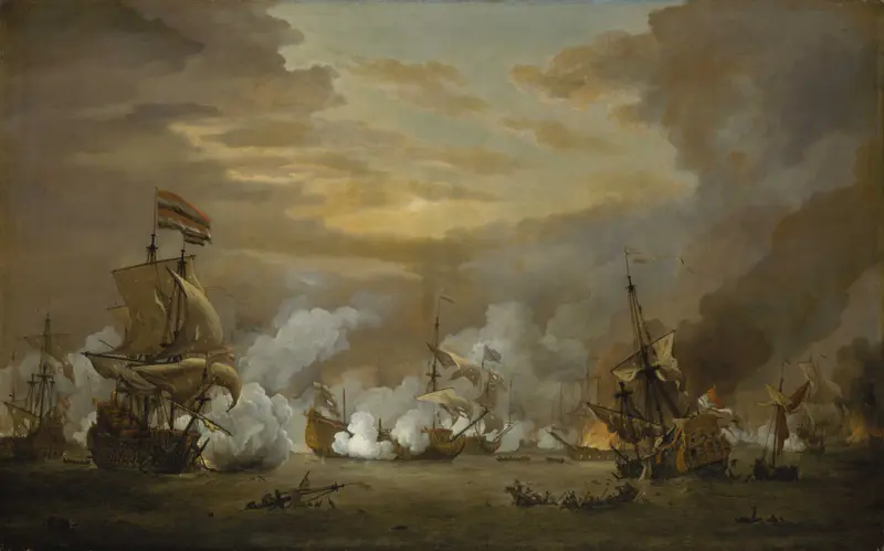 Marine scene with ships in battle, oil painting by Willem van de Velde the Younger