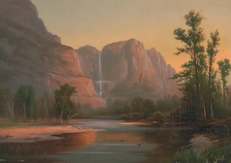 Bridal Veil Falls by Edmund Foerster & Co., oil on canvas depicting a waterfall in a lush landscape.