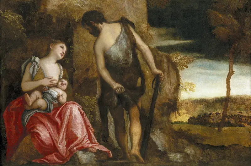 The painting depicts Cain leading his family through a desolate landscape, reflecting their exile and vulnerability.