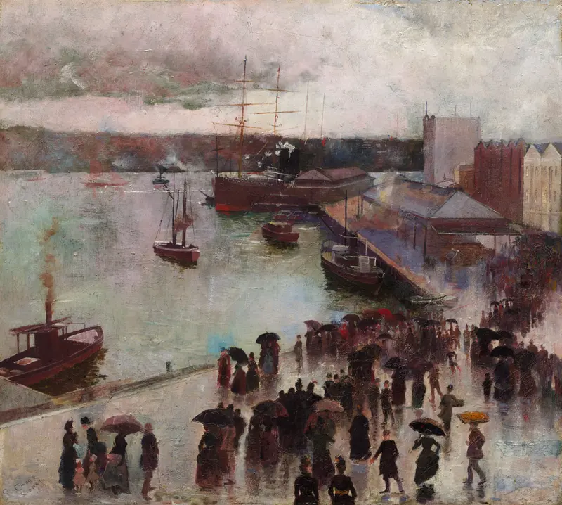 Oil painting by Charles Conder depicting a sunset over a ship at the dock.