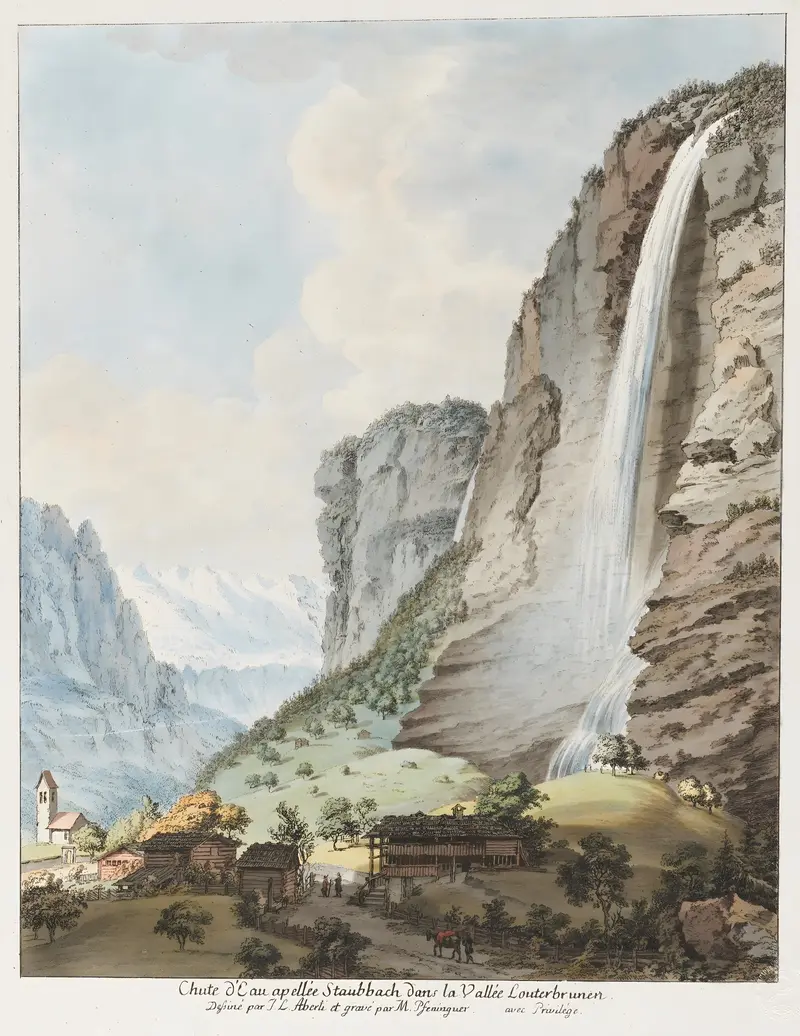 waterfall in a Swiss landscape, oil painting by Johann Ludwig Aberli