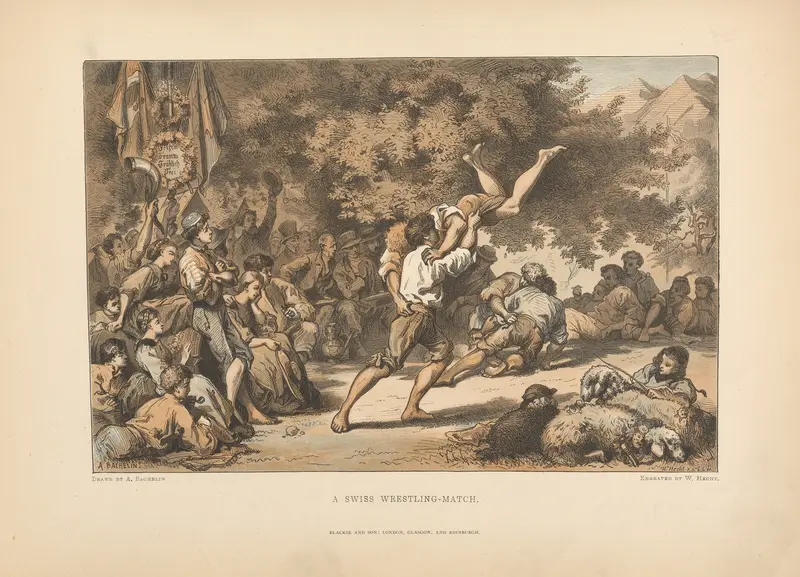 A Swiss Wrestling-match by Theodor Gsell Fels, oil on canvas depicting wrestlers in vibrant attire.