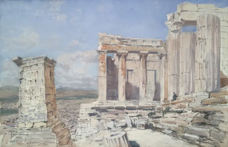 The Propylaea – Acropolis by Francis Hopkinson Smith, oil painting depicting marble columns.