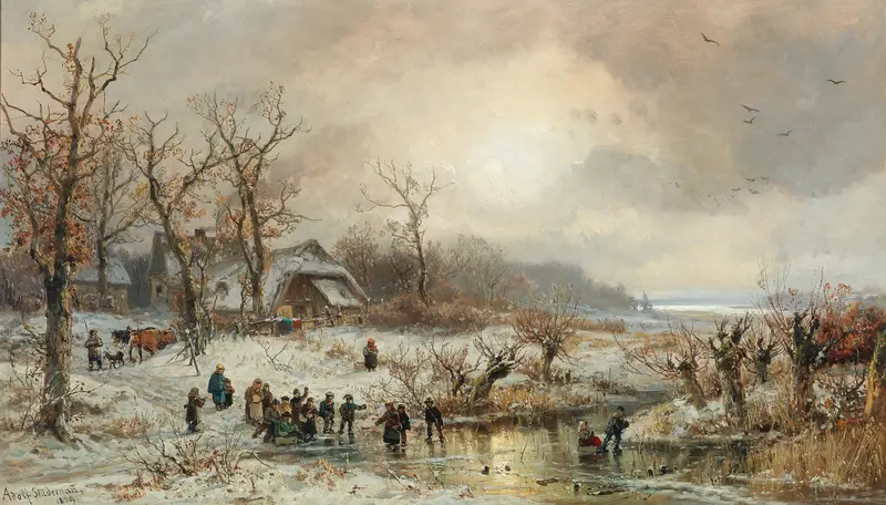 Children ice skating in winter, oil on canvas by Adolf Stademann