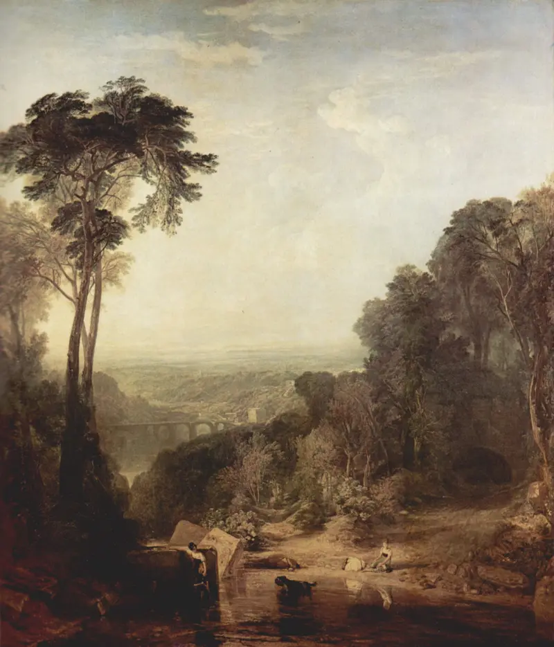 A painting depicting two children crossing a brook in a lush landscape.