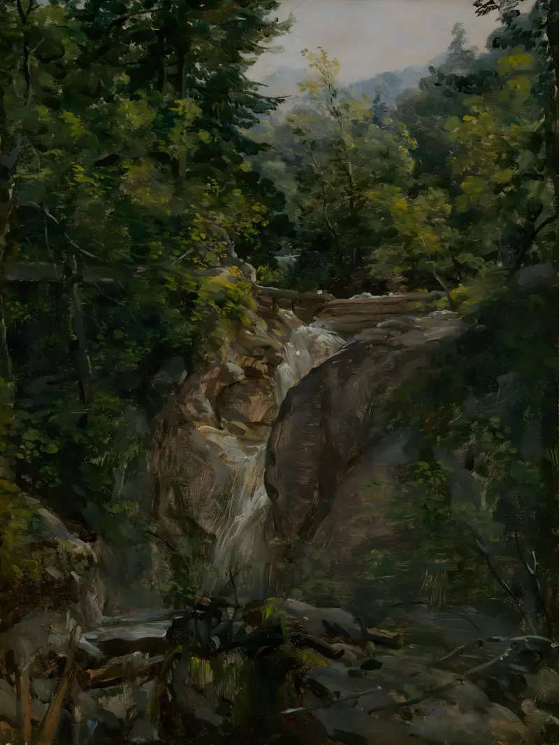 Wasserfall bei Ohlstadt by Johann Georg von Dillis, oil on canvas depicting a vibrant waterfall.