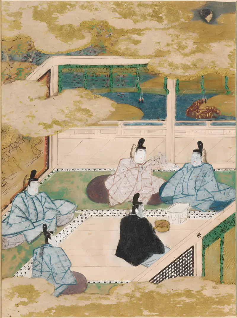 New Wisteria Leaves by Tosa Mitsunobu, gold medium, depicting delicate wisteria leaves.