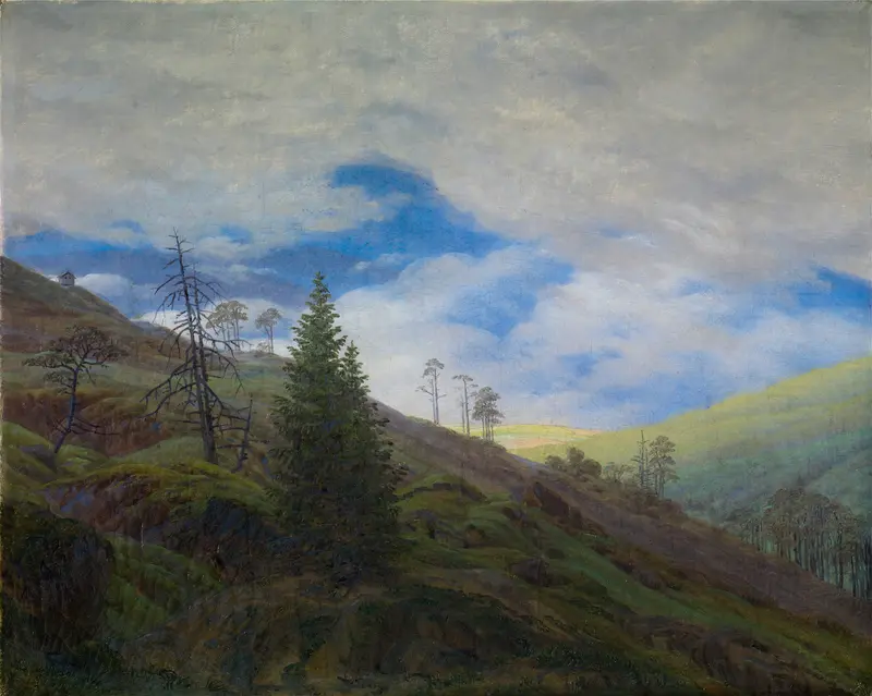 Sunburst in the Riesengebirge by Caspar David Friedrich, oil painting depicting mountains and sunlight.