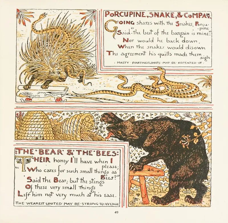 This painting features a porcupine, snake, and bear interacting with bees in a whimsical setting.
