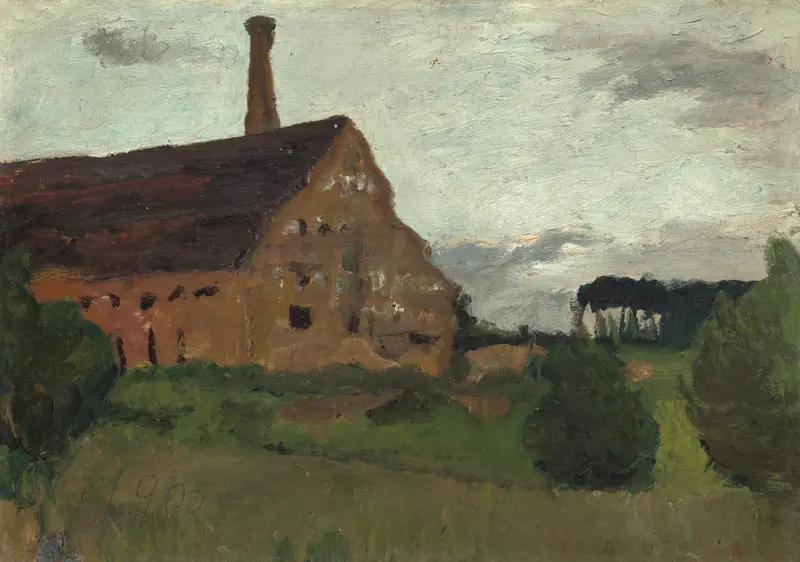 Old Factory, oil on canvas by Paula Modersohn-Becker, featuring a brick structure illuminated by soft light.