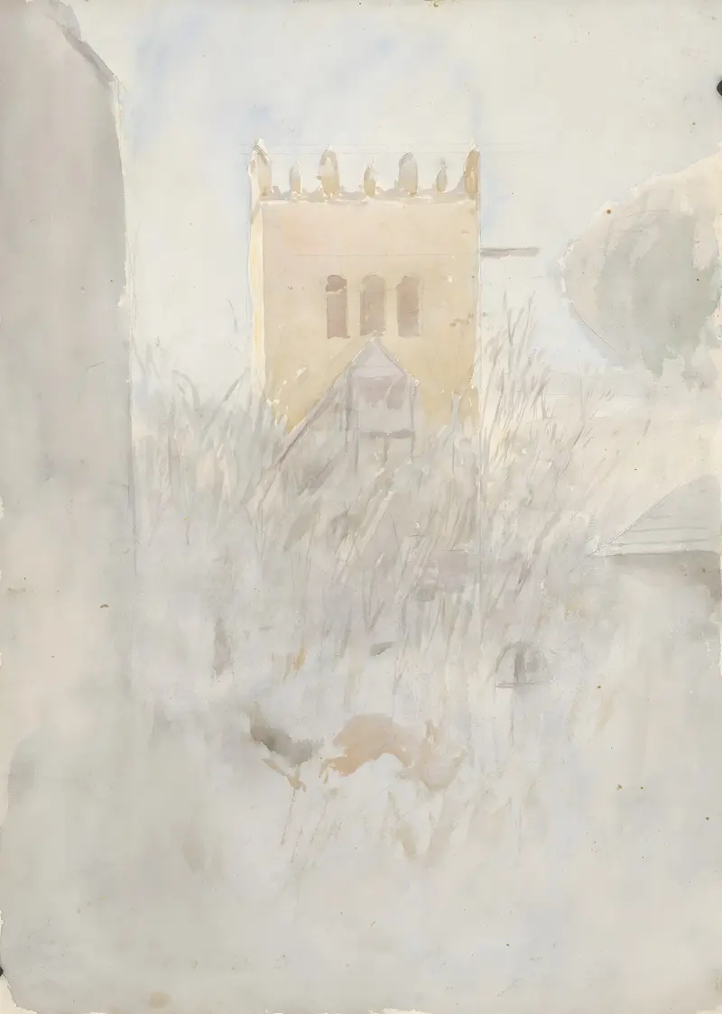 Landscape featuring a bell tower in Strážky II by Ladislav Mednyánszky, oil painting
