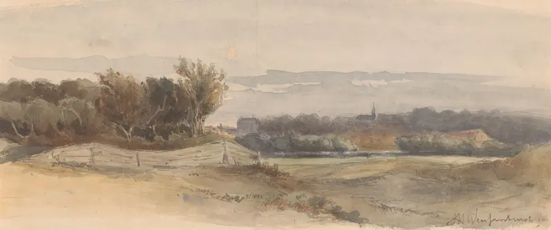 Panoramisch landschap by Johan Hendrik Weissenbruch, oil on canvas depicting rolling hills and a vibrant sky.