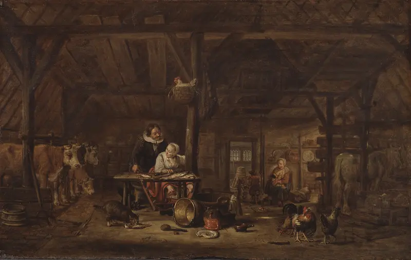 Interior of a stable with wooden beams, oil on canvas by Govert Dircksz Camphuysen
