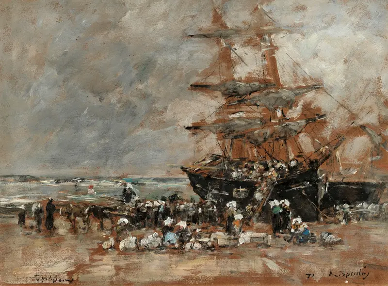 Seascape with fishing boats, oil on canvas by Eugène Boudin