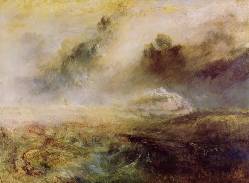 A turbulent sea with jagged wreckage and a pale sail in misty, stormy weather under dramatic light and dark clouds.