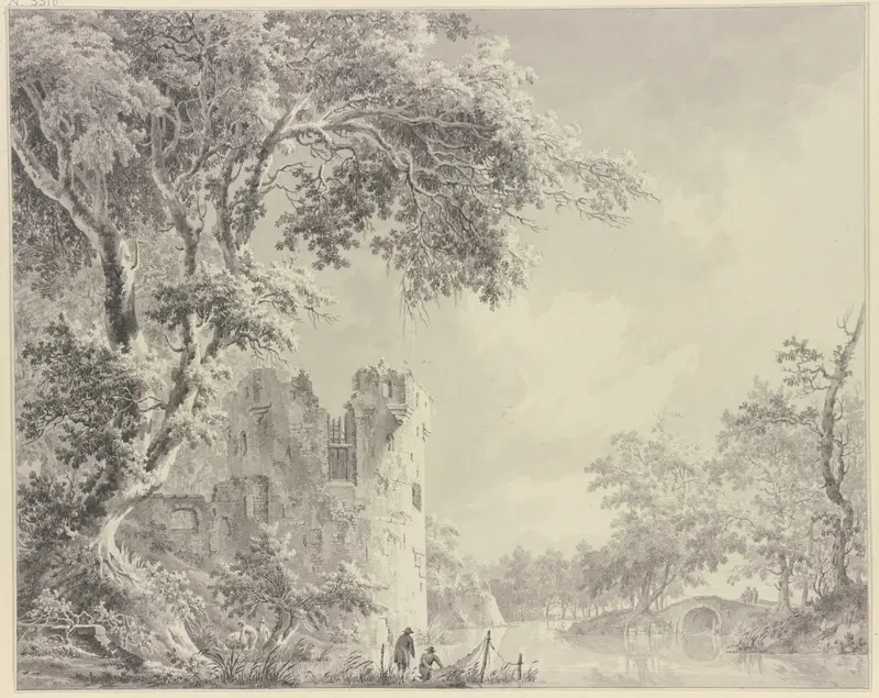 Landscape with a tower ruin, bridge, and fishermen by Paulus van Liender, oil painting