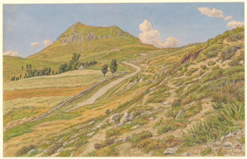 Landscape with hills in blue and green by Henri Rivière, 1921, oil painting