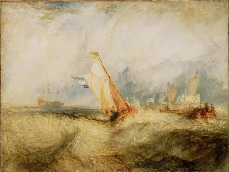 Van Tromp, Going About to Please His Masters by Joseph Mallord William Turner, oil painting of a ship at sea.