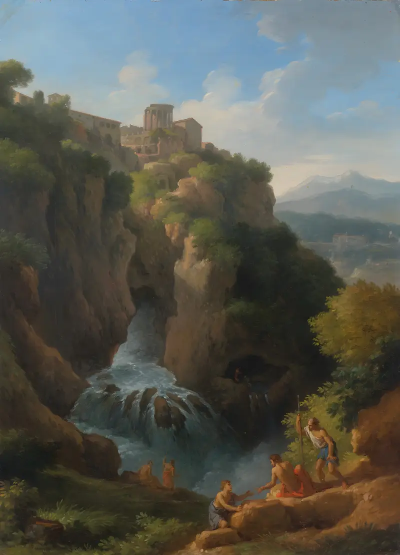 Landscape with waterfall and temple, oil painting by Jan Frans Van Bloemen