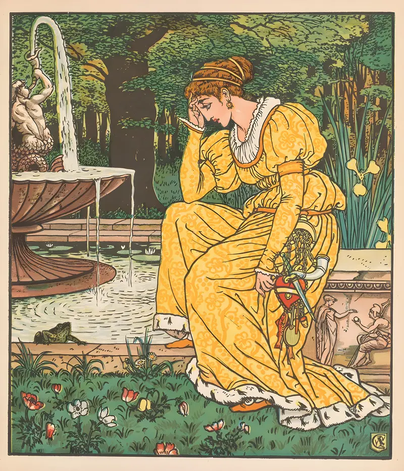 Walter Crane's 'Beauty and the Beast Pl. 06' illustrates a whimsical scene from the classic fairy tale.