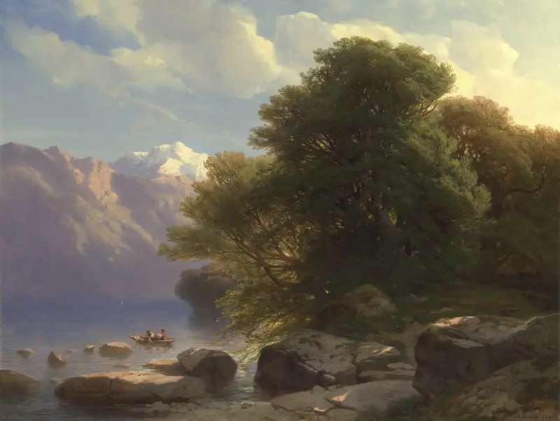 A serene landscape featuring a lake with golden light illuminating trees and a small boat with two figures, surrounded by mountains.