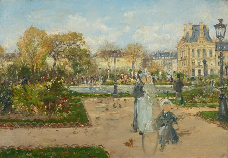Oil painting by Theodor Von Hörmann depicting figures in a garden with vibrant flowers and intricate shadows.