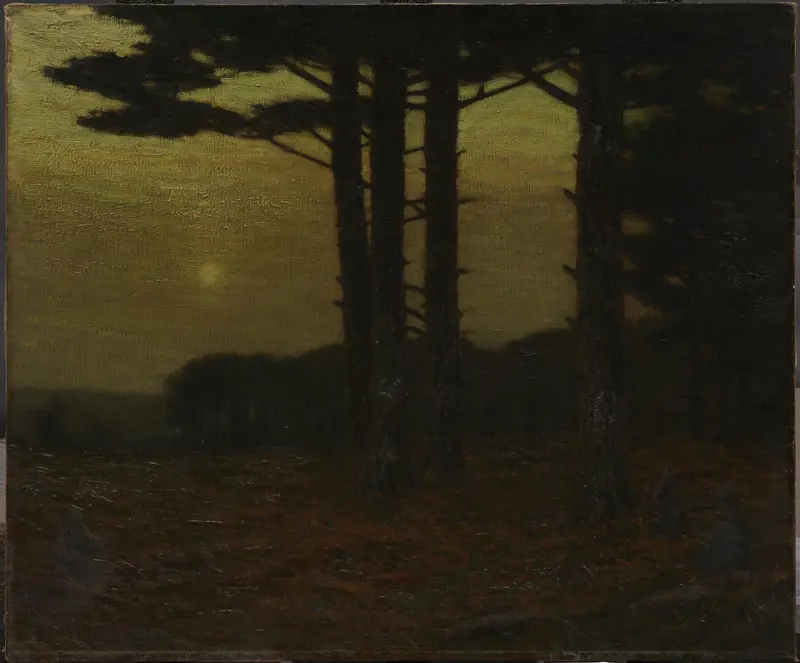 The Sentinels by Charles Warren Eaton, oil painting depicting trees by a tranquil lake at twilight.