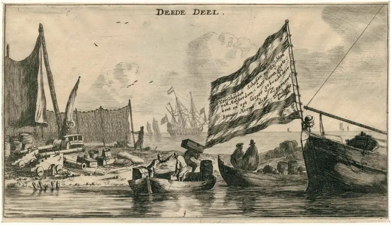 Etching by Reinier Nooms depicting a shipyard with laborers and stormy sky.