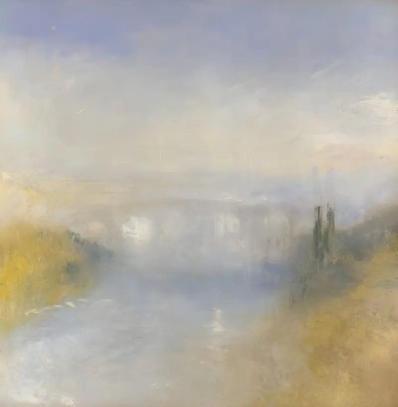 A pale blue river winds through a misty landscape with sunlit banks, trees, distant buildings, and a sky blending pale blue and creamy yellow.