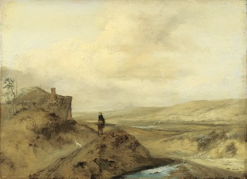Rider in the Dunes by Philips Wouwerman, oil painting of a rider on a horse in sandy dunes.