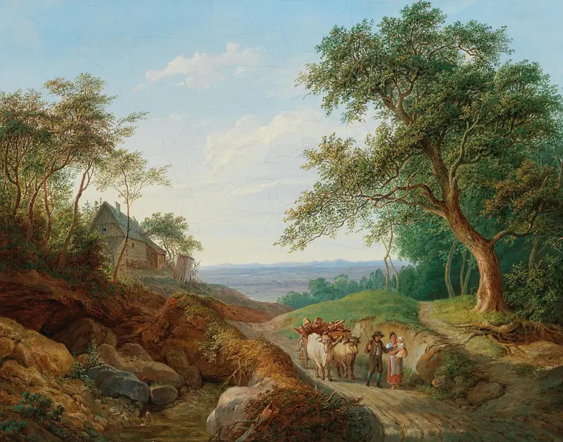 A peasant couple with a timber cart in a vast Danube landscape, oil on canvas by Matthias Rudolf Toma