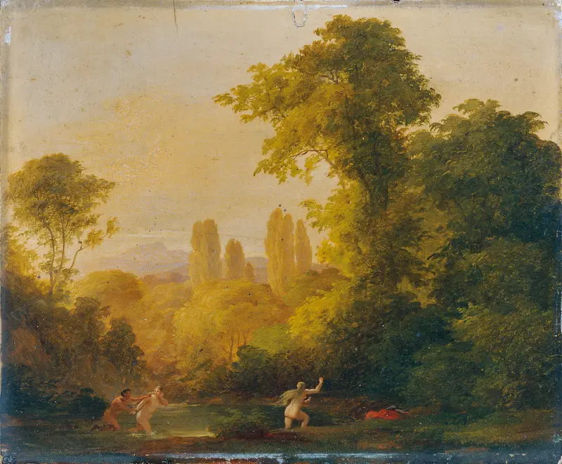 Landschaft mit mythologischer Staffage by Franz Schrotzberg, oil painting depicting hills and golden light.