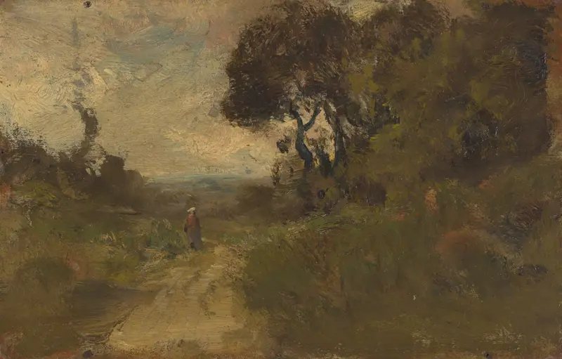 Landscape by William Keith, oil on panel depicting serene greens and browns.