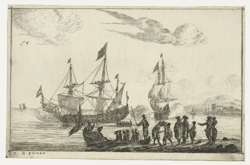 Havenscène met een spiegelsloep by Reinier Nooms, etching of a dock with a ship and reflections.