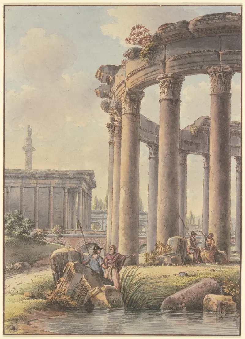 Architektonisches Capriccio, ink on paper by Victor-Jean Nicolle, depicting ruins and Trajan's Column.