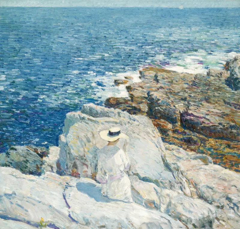 The South Ledges, Appledore by Childe Hassam, oil on canvas depicting rocky coastline and sea.