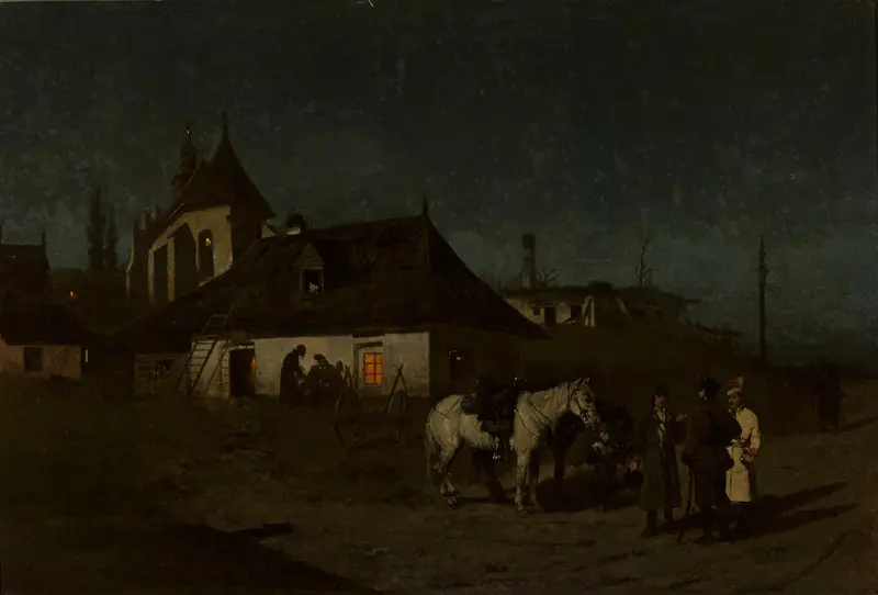 Insurgents at night, oil on canvas by Maksymilian Gierymski depicting figures in darkness