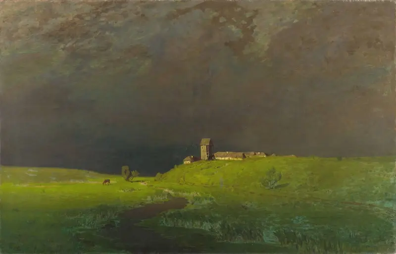 A vibrant green hillside with a grazing horse under a dramatic sky after rain.