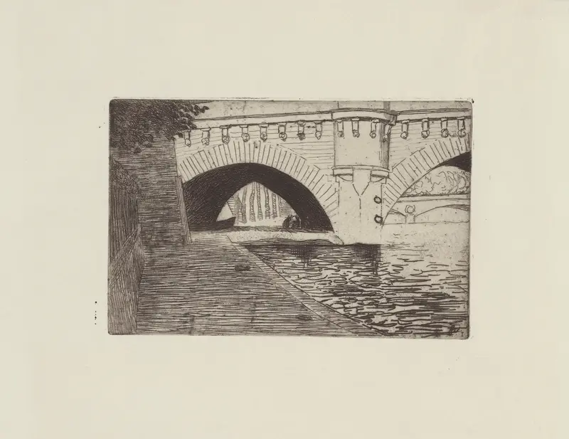 Le Pont-Neuf et le pont St Michel oil painting by Félix Vallotton depicting bridges over the Seine at twilight.