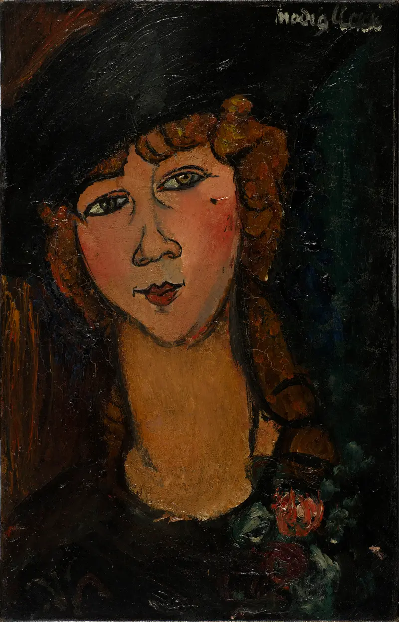 A portrait of a woman with an elongated neck and almond-shaped eyes, painted by Amedeo Modigliani.