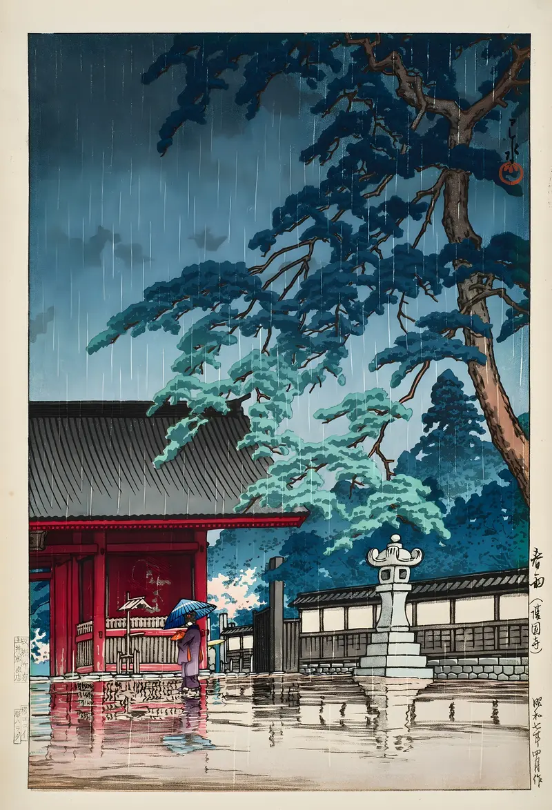 Spring rain at Gokokuji Temple by Kawase Hasui, Ukiyo-e