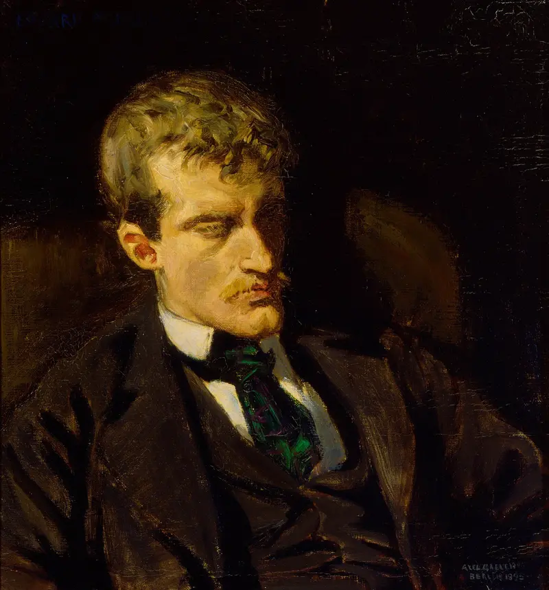 A close-up of Edvard Munch's face, illuminated by golden light and shadow, with a contemplative expression.