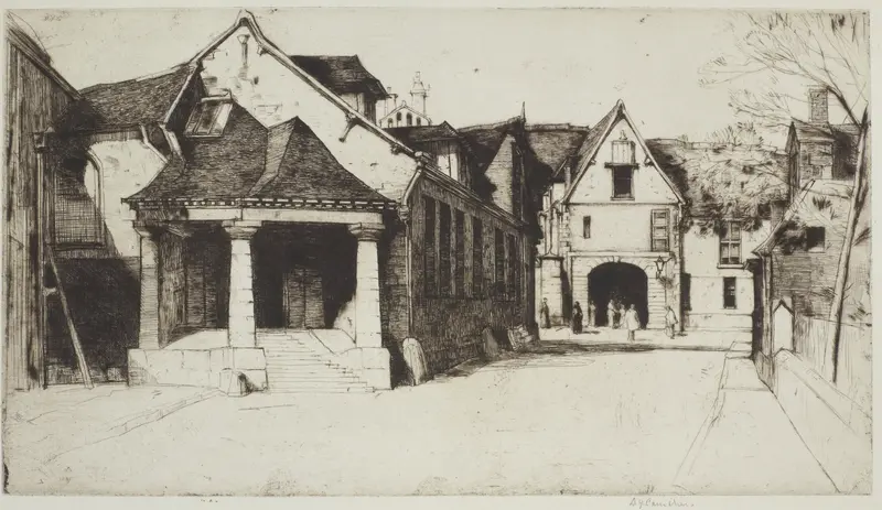 Etching by David Young Cameron depicting The Old Museum, Beauvais with architectural details.