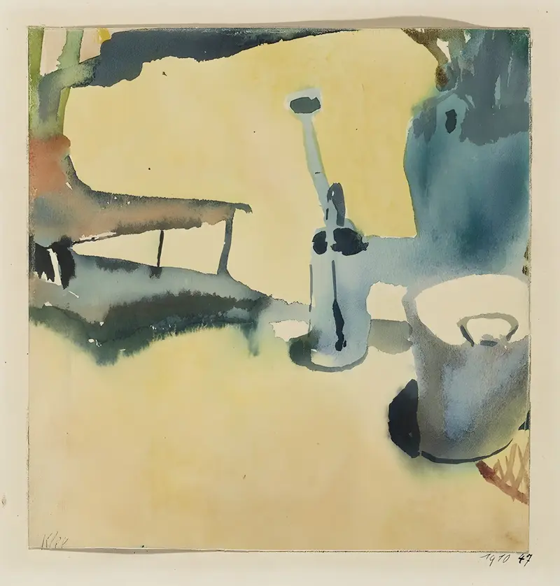 A vibrant still life painting by Paul Klee featuring abstract floral forms.