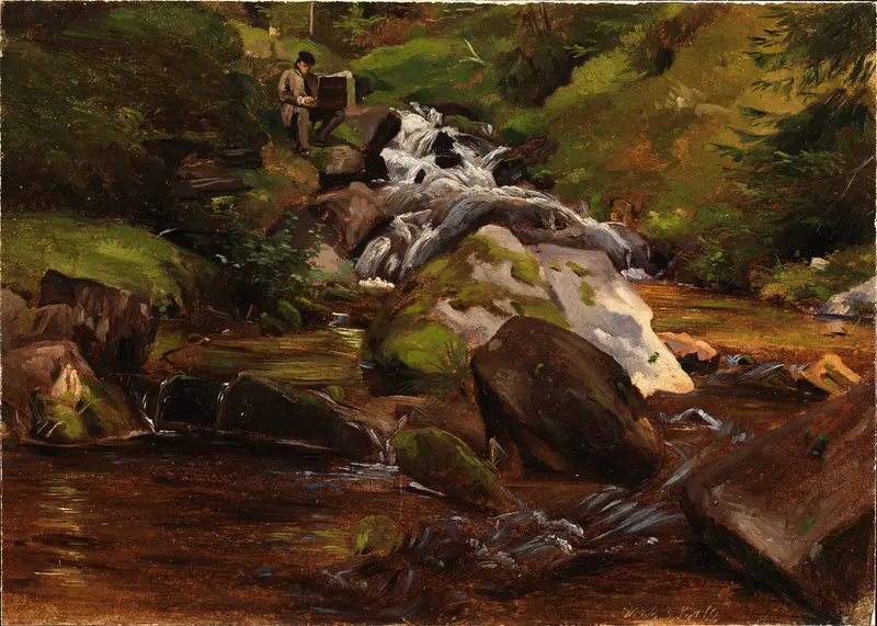 Oil painting by Eugen Bracht depicting Hans Thoma by a forest stream.
